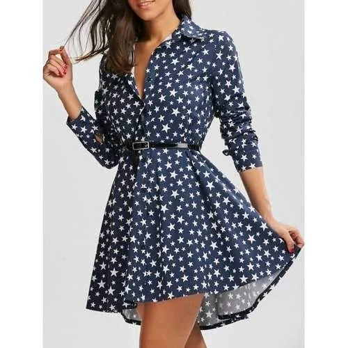 Polka Dot Star Print Mini Dovetail Dress - Deep Blue S Cozy Cotton Mini Dress
