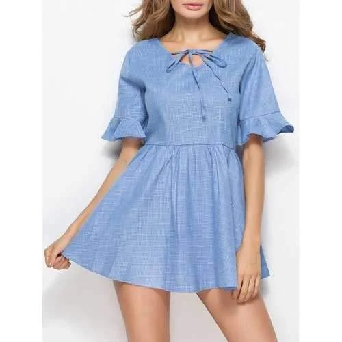 Bell Sleeve Mini Skater Dress - Blue S Stylish Sweetheart Mini Dress