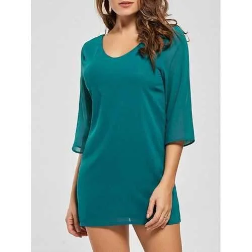 V-neck Cut Out Mini Chiffon Dress - Peacock Blue M Cozy Ruched Mini Dress