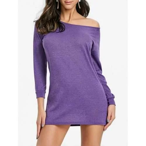 Skew Neck Mini Sweater Dress - Purple S Casual High-Waist Mini Dress