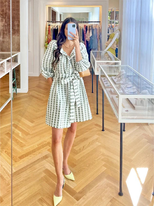 WIGGY KIT | GINGHAM MINI SQUARE NECK DRESS Elegant Satin Lace Mini Dress