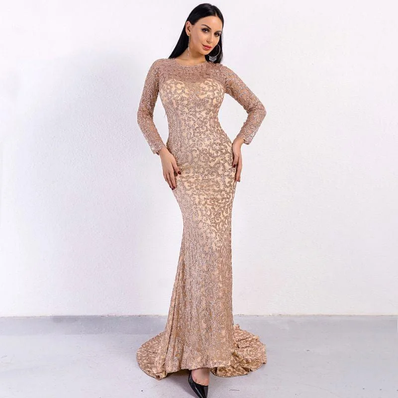 Women Elegant Long-sleeve Round Neck Unique Glitter Detailing Party Sweep Dress Tunics Print Colorful Women Elegant Long-sleeve Round Neck Unique Glitter Detailing Party Sweep Dress Tunics Print Colorful
