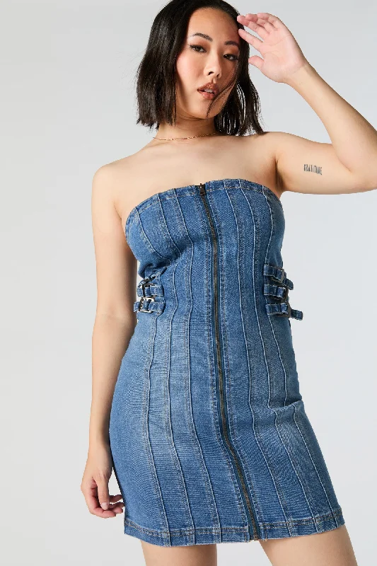 Denim Zip-Up Mini Tube Dress Fashionable Summer Mini Dress