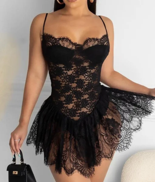 Sexy Spaghetti Strap See Through Lace Party Club Dress Sequined Elegant Party