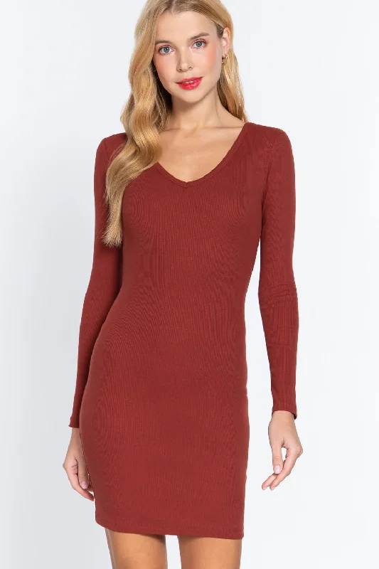 Long Slv V-neck Mini Rib Dress Comfortable One-Shoulder Mini Dress