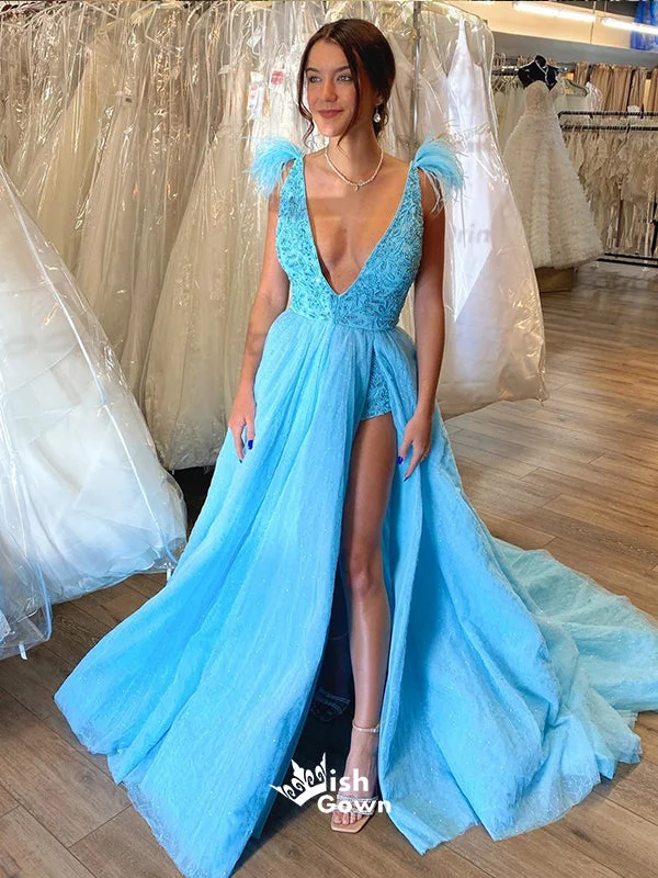 Blue Deep V-neck Appliques Slits Tulle Shinny Long Party Gowns Prom Dresses, WGP215 Tunics Distressed trendy Blue Deep V-neck Appliques Slits Tulle Shinny Long Party Gowns Prom Dresses, WGP215 Tunics Distressed trendy