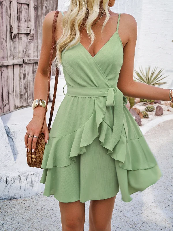 Blue Zone Planet |  Ruffled Layered Surplice Mini Cami Dress Fashionable Pleated Mini Dress