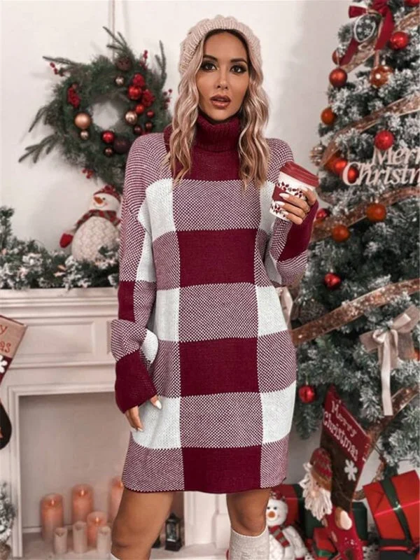 Blue Zone Planet | Christmas Turtleneck Loose Slimming Plaid Contrast Mini Sweater Dress Comfortable Smocked Mini Dress