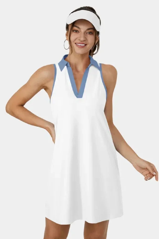 Softlyzero™ Airy Collar Pocket Color Block 2-Piece Cool Touch Mini Golf Active Dress | White Fashionable Denim Mini Dress