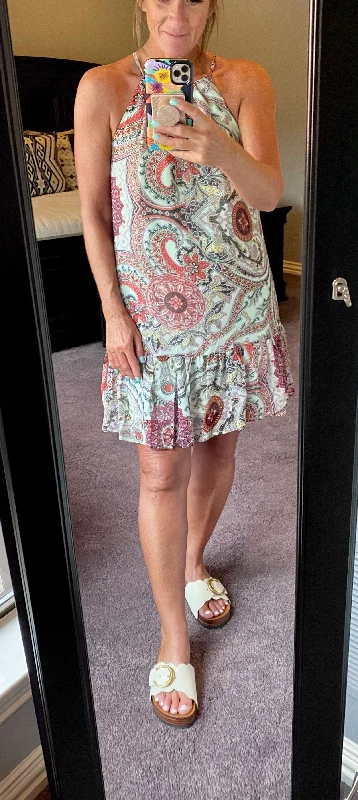 Field of Flowers Boho Printed Mini Ruffle Dress Comfortable Zip-Up Mini Dress