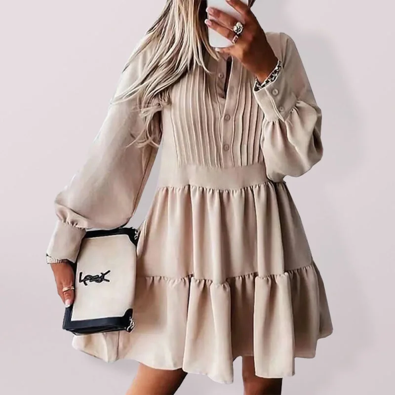 Blue Zone Planet |  Grace's Solid Color Elegant Balloon Sleeve Buttoned Mini Tiered Dress Elegant Mini Dress with Ruffles