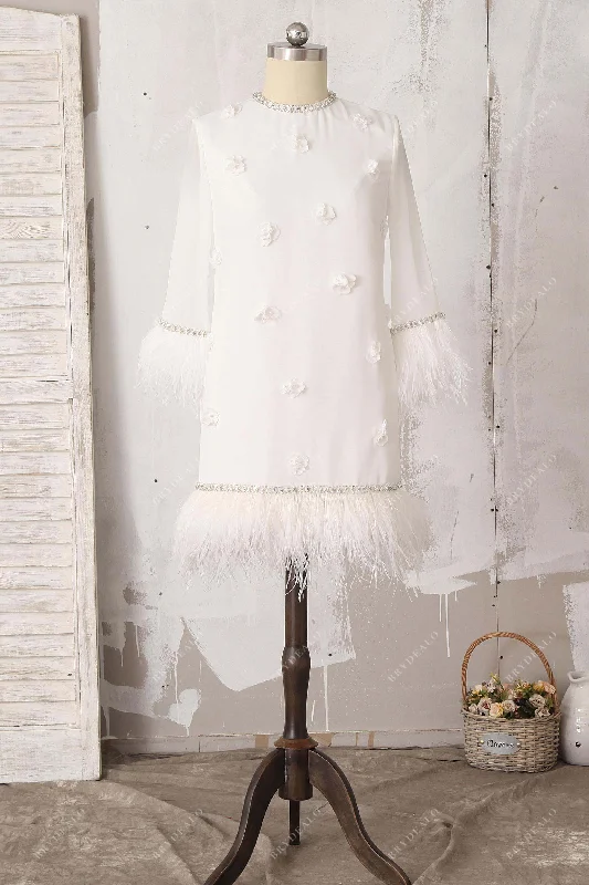 Ivory Short Mini Chiffon Bridal Shower Dress with Feather Trim Stylish Button-Down Mini Dress