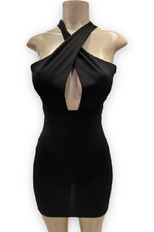 Mini Criss Cross Solid Techno Dress Stylish Short-Sleeve Mini Dress