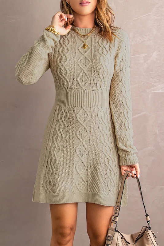 Mixed Knit Crewneck Mini Sweater Dress Cozy Ribbed Mini Dress