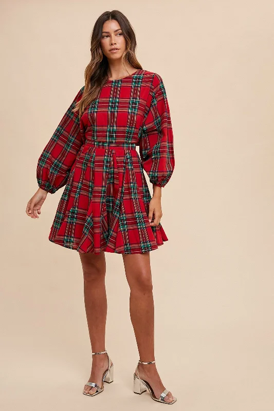 PLAID PRINTED A LINE MINI WOVEN DRESS Elegant Lace-Up Mini Dress