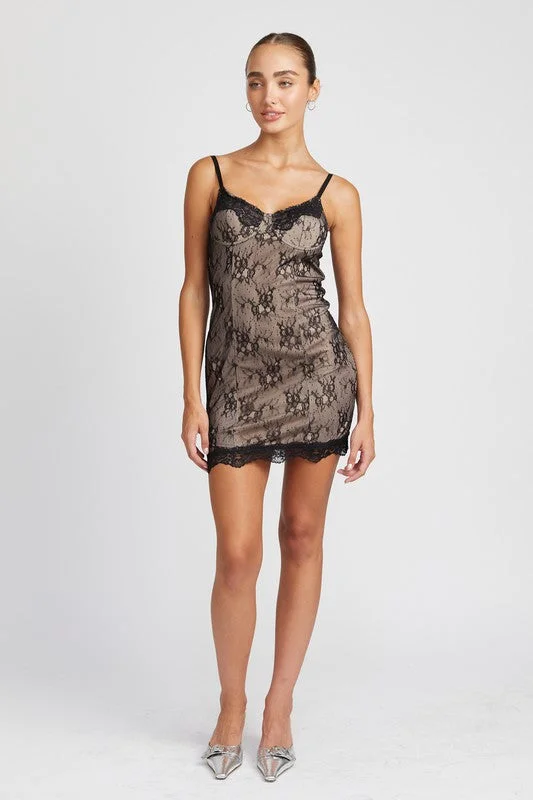 Black Spaghetti Strap Mini Lace Dress Trendy Mesh Mini Dress