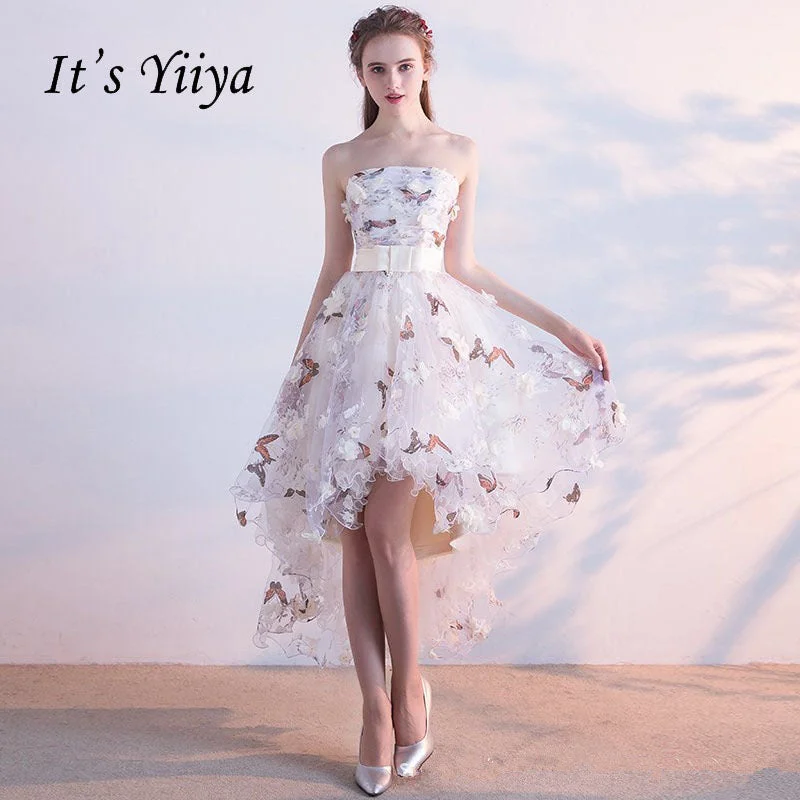 Strapless Pleat Lace Up High-low Asymmetry Vintage Elegant Flowers Taffeta Prom Gown Dancing Party Prom Dresses LX018 Tunics Running lightweight