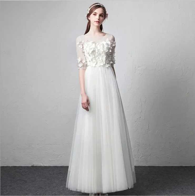 White Long-Sleeved Flower Decoration Elegant Long Dinner Party Bride Dress Tunics Chic fashionable White Long-Sleeved Flower Decoration Elegant Long Dinner Party Bride Dress Tunics Chic fashionable